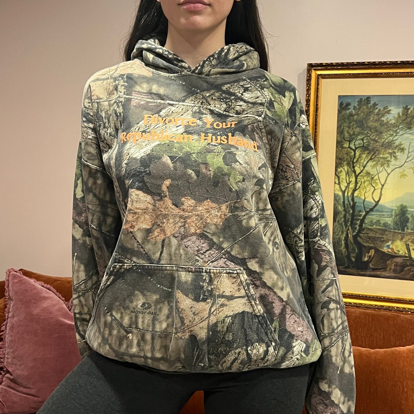 DIVORCE YOUR REPUBLICAN HUSBAND camo hoodie with orange text (XL)