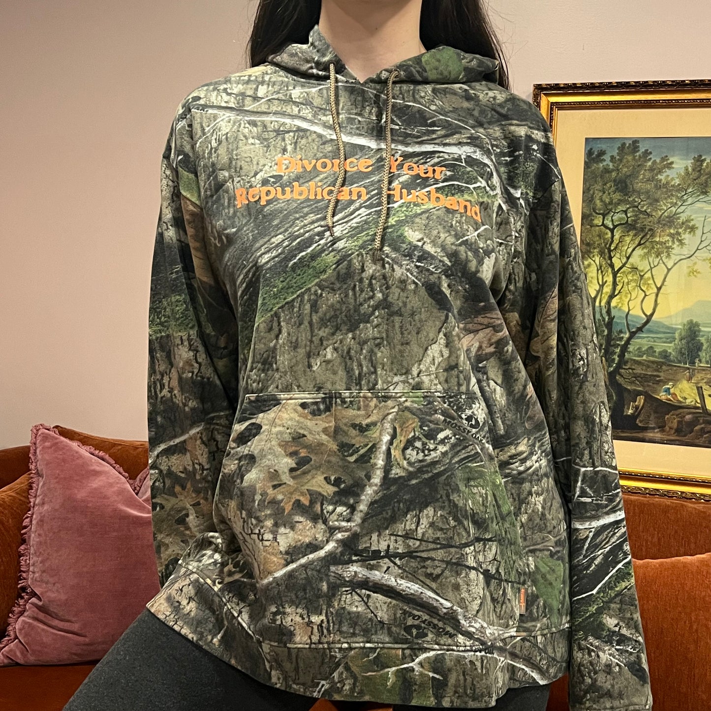 DIVORCE YOUR REPUBLICAN HUSBAND camo hoodie with orange text (XL)