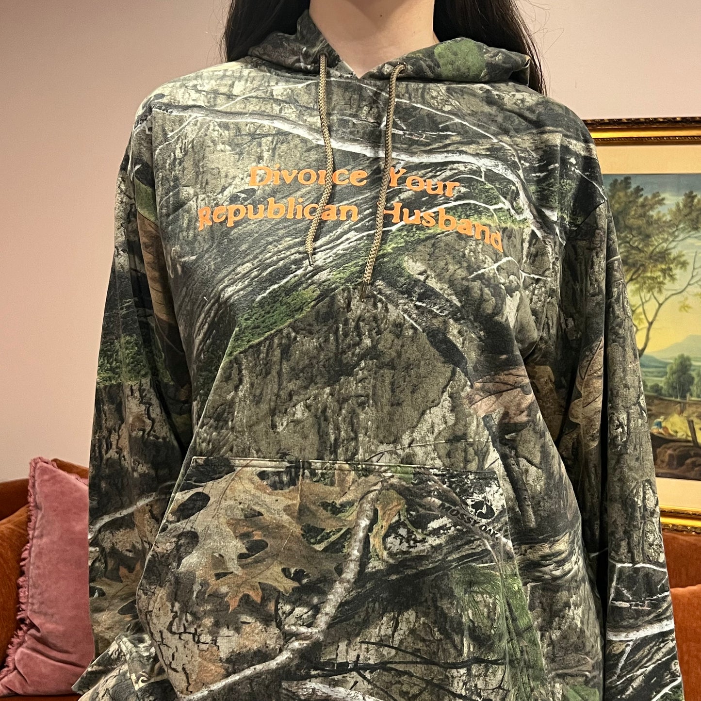 DIVORCE YOUR REPUBLICAN HUSBAND camo hoodie with orange text (XL)