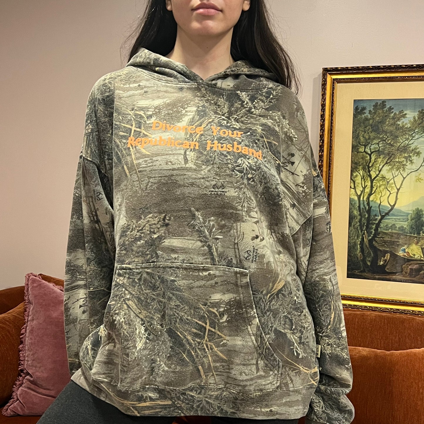 DIVORCE YOUR REPUBLICAN HUSBAND camo hoodie with orange text (XL)