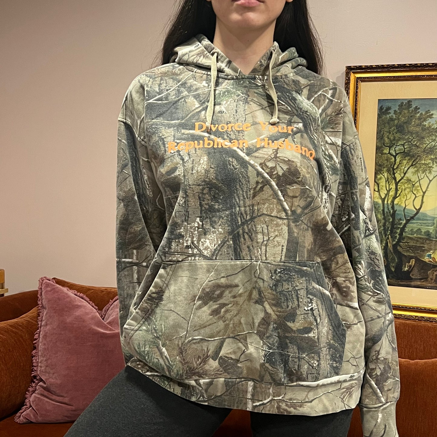DIVORCE YOUR REPUBLICAN HUSBAND camo hoodie with orange text (XL)
