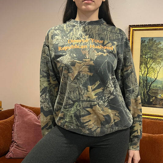 DIVORCE YOUR REPUBLICAN HUSBAND camo crewneck with orange text (L)
