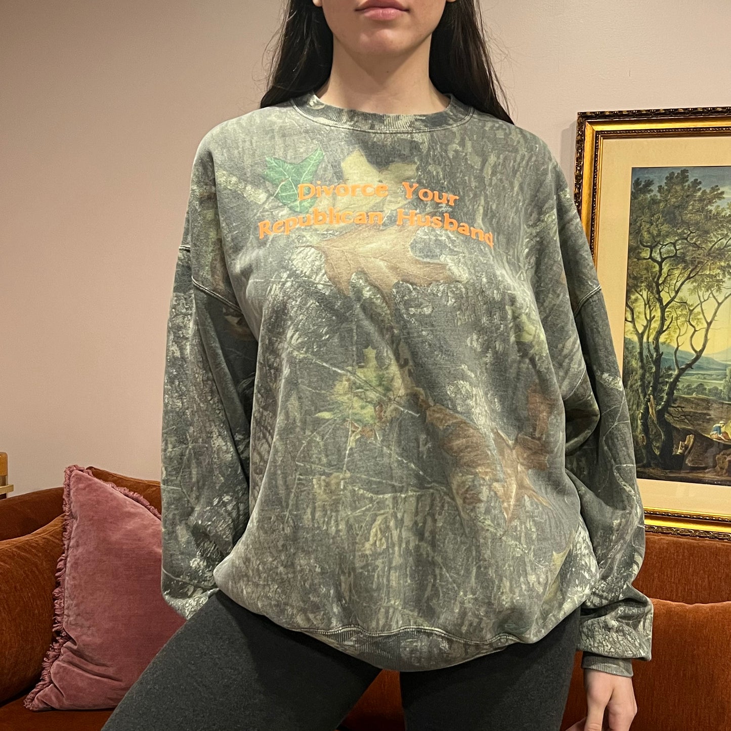 DIVORCE YOUR REPUBLICAN HUSBAND camo crewneck with orange text (XL)