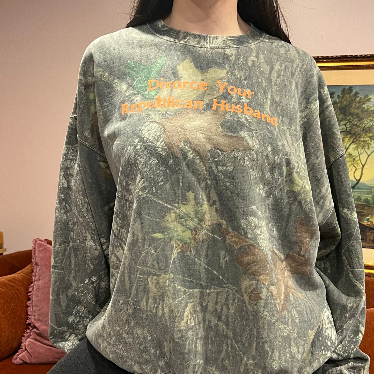 DIVORCE YOUR REPUBLICAN HUSBAND camo crewneck with orange text (XL)