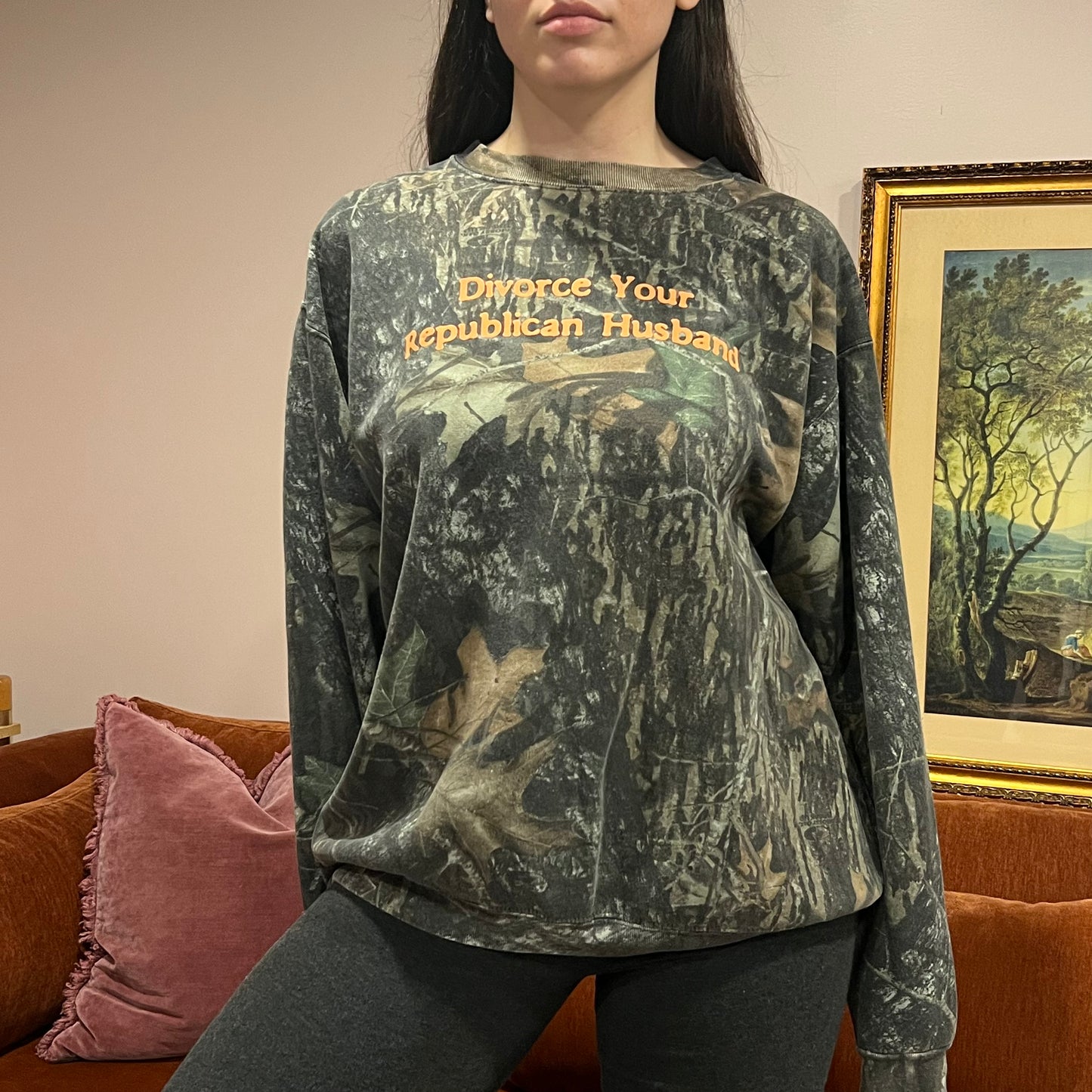 DIVORCE YOUR REPUBLICAN HUSBAND camo crewneck with orange text (XL)