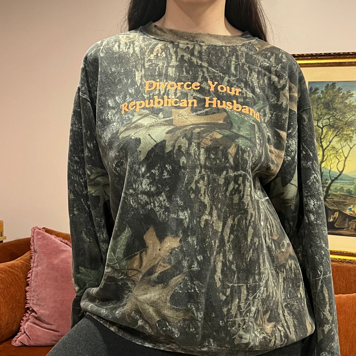 DIVORCE YOUR REPUBLICAN HUSBAND camo crewneck with orange text (XL)