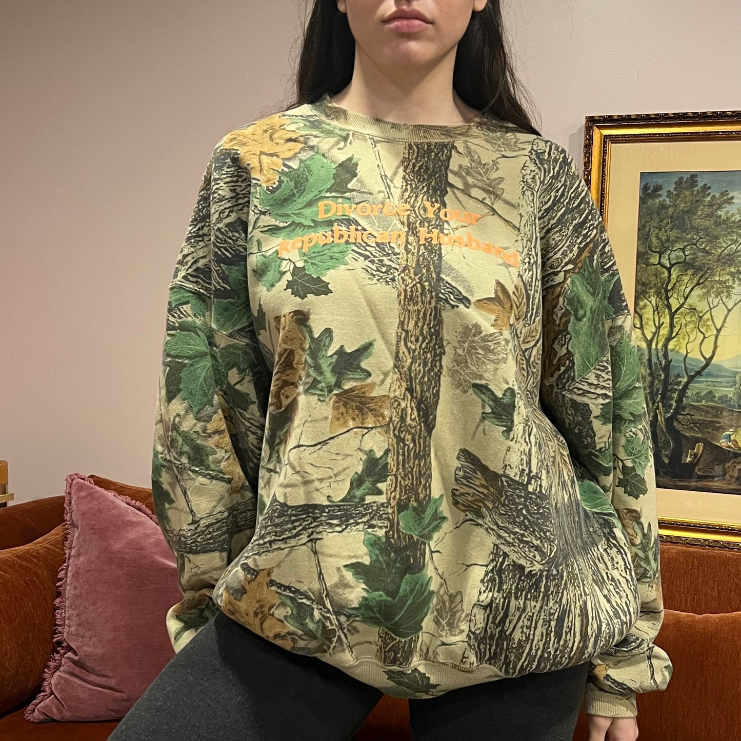 DIVORCE YOUR REPUBLICAN HUSBAND camo crewneck with orange text (3XL)