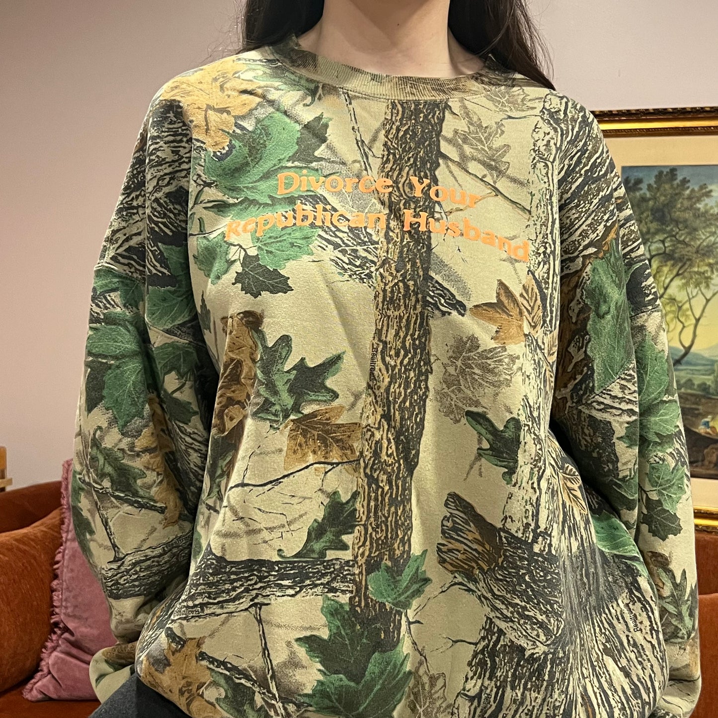 DIVORCE YOUR REPUBLICAN HUSBAND camo crewneck with orange text (3XL)