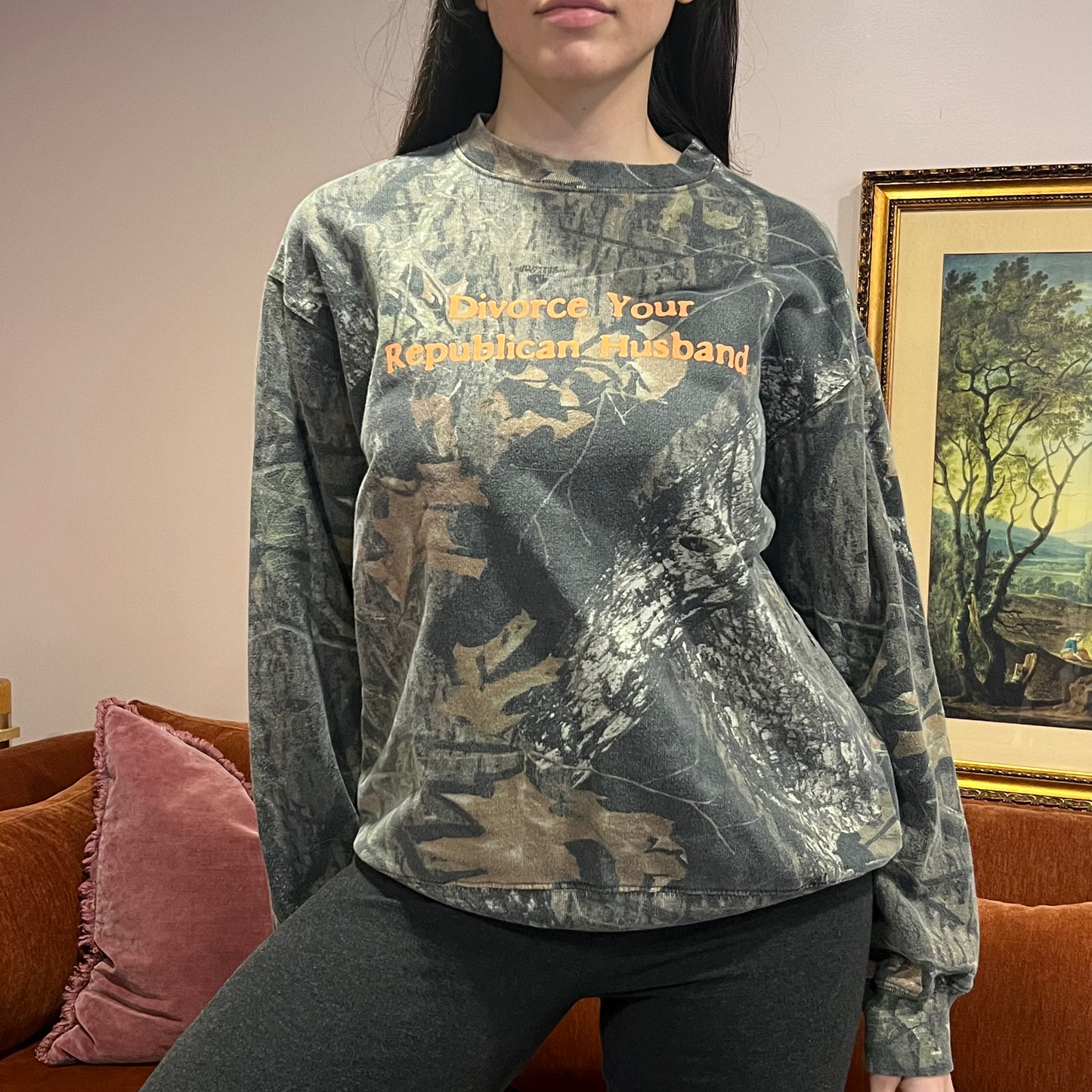 DIVORCE YOUR REPUBLICAN HUSBAND camo crewneck with orange text (M)