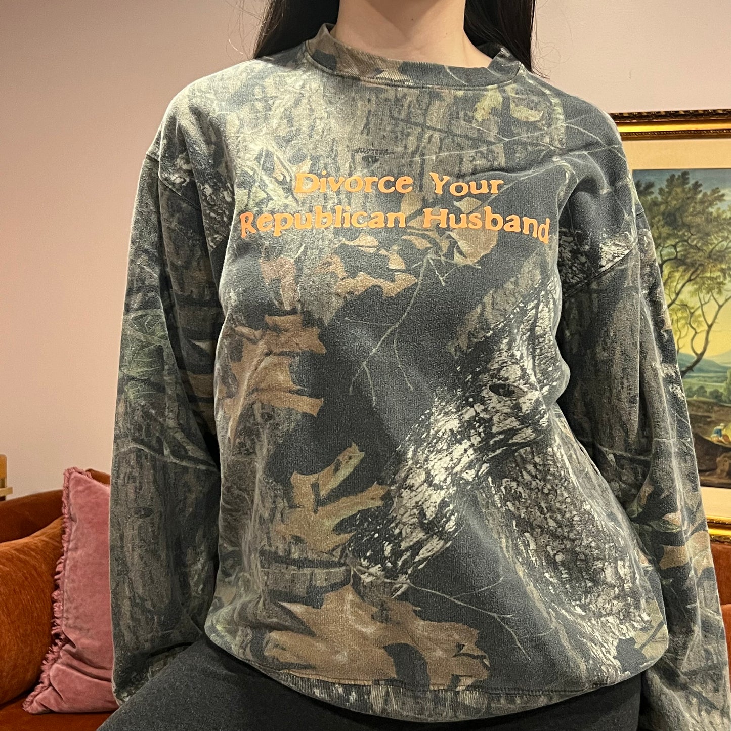 DIVORCE YOUR REPUBLICAN HUSBAND camo crewneck with orange text (M)