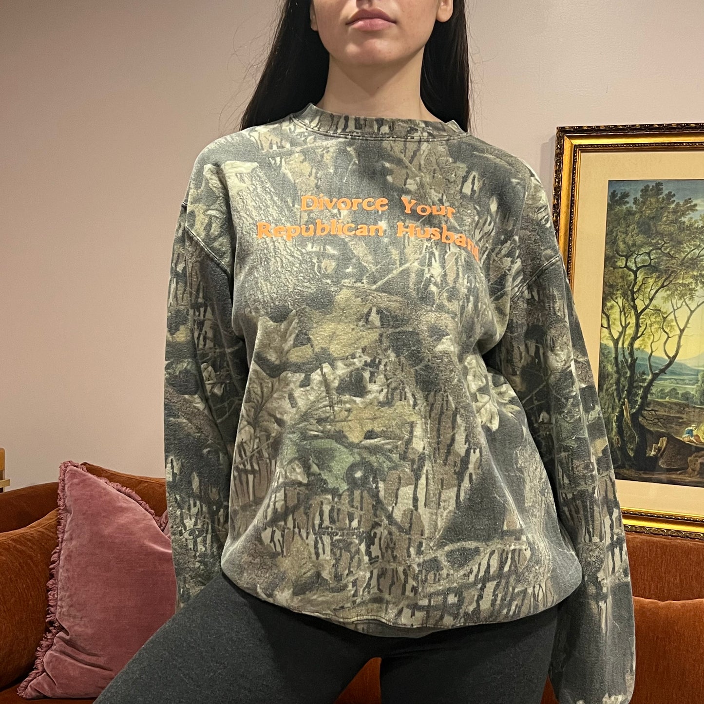DIVORCE YOUR REPUBLICAN HUSBAND camo crewneck with orange text (L)