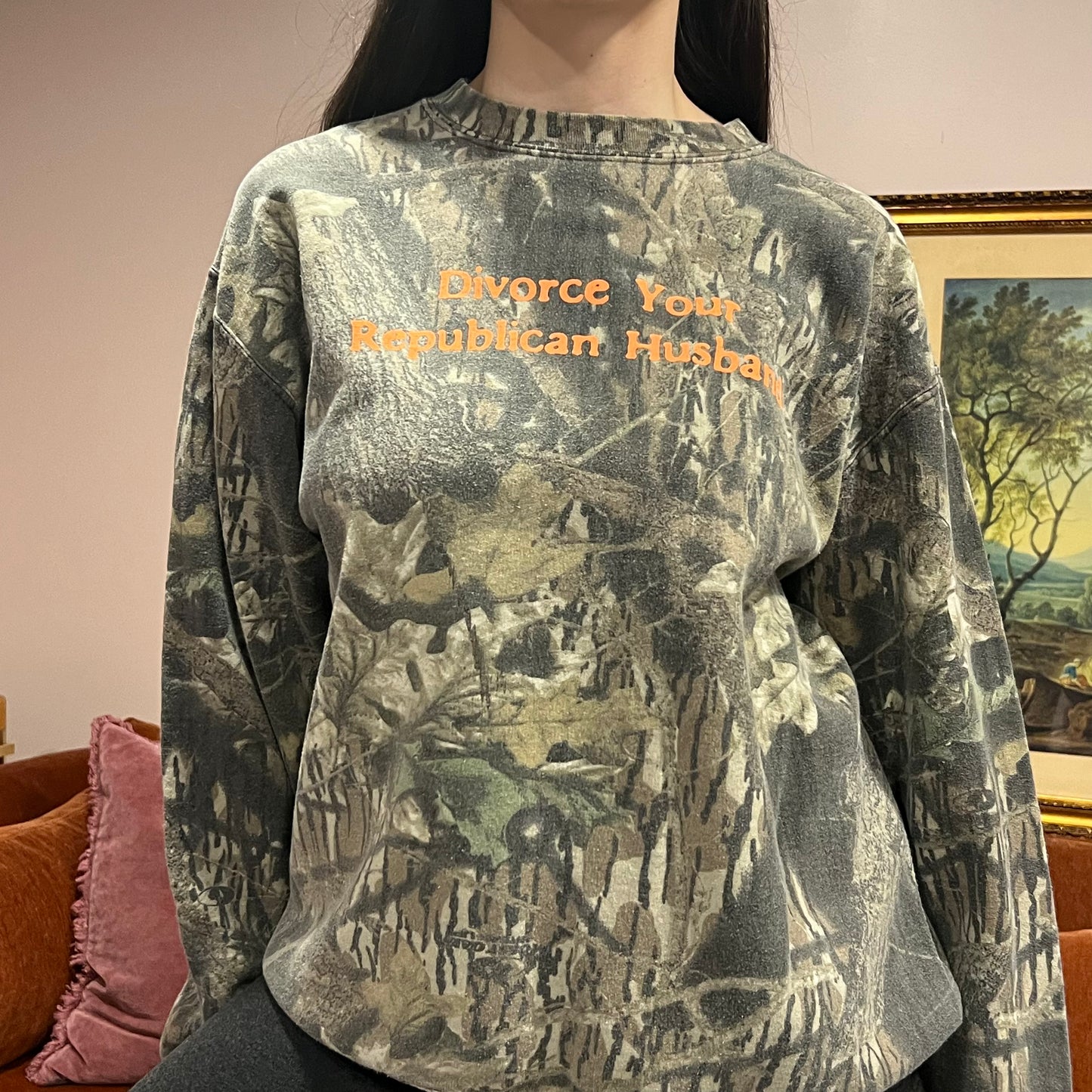 DIVORCE YOUR REPUBLICAN HUSBAND camo crewneck with orange text (L)