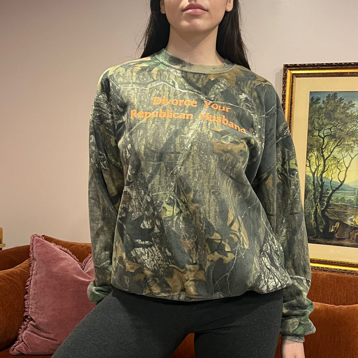 DIVORCE YOUR REPUBLICAN HUSBAND camo crewneck with orange text (L)