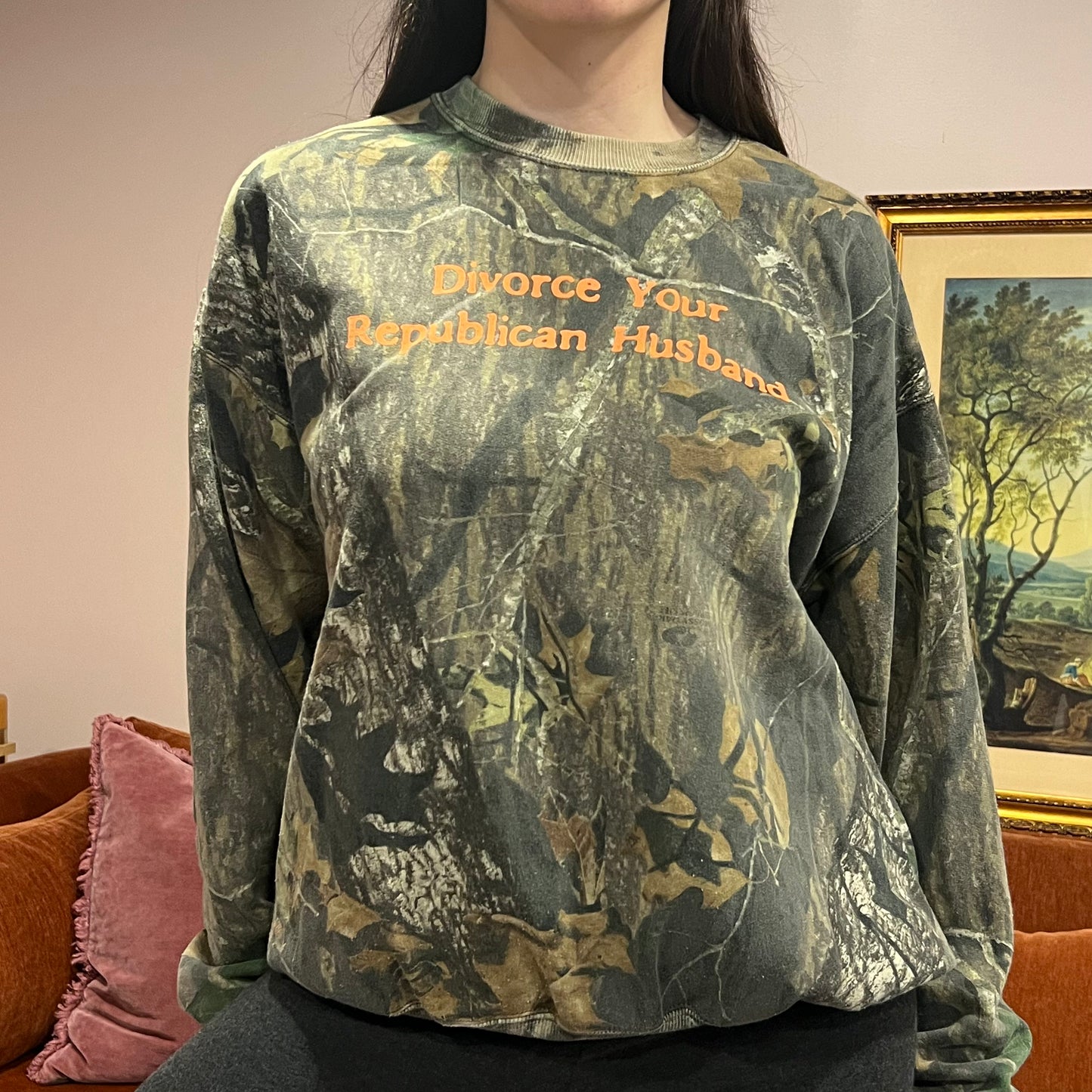 DIVORCE YOUR REPUBLICAN HUSBAND camo crewneck with orange text (L)