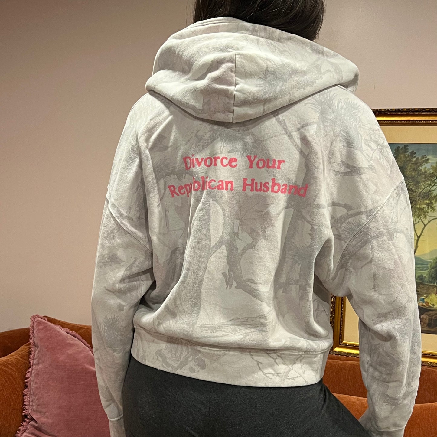 DIVORCE YOUR REPUBLICAN HUSBAND white camo jacket with pink text (S)