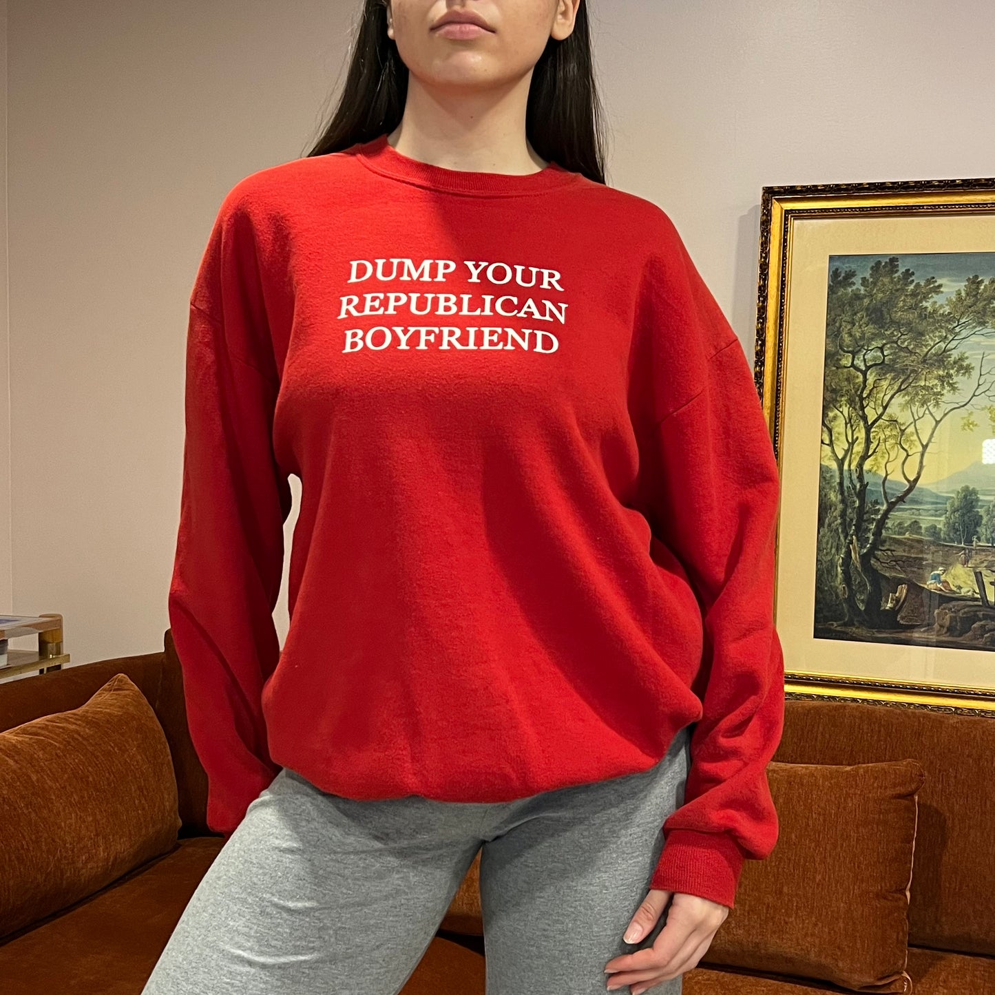 DUMP YOUR REPUBLICAN BOYFRIEND red crewneck with white text (XL)