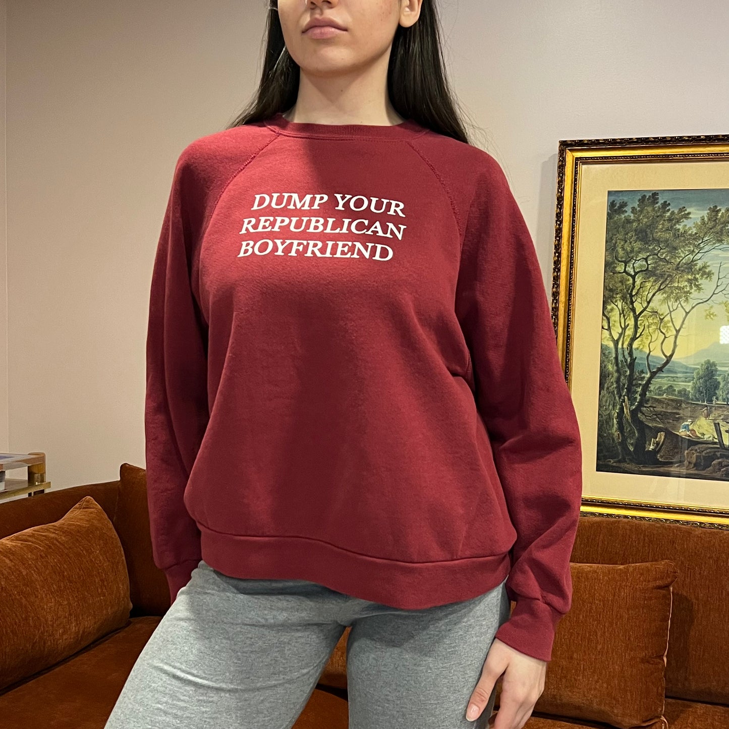 DUMP YOUR REPUBLICAN BOYFRIEND red crewneck with white text (XL)