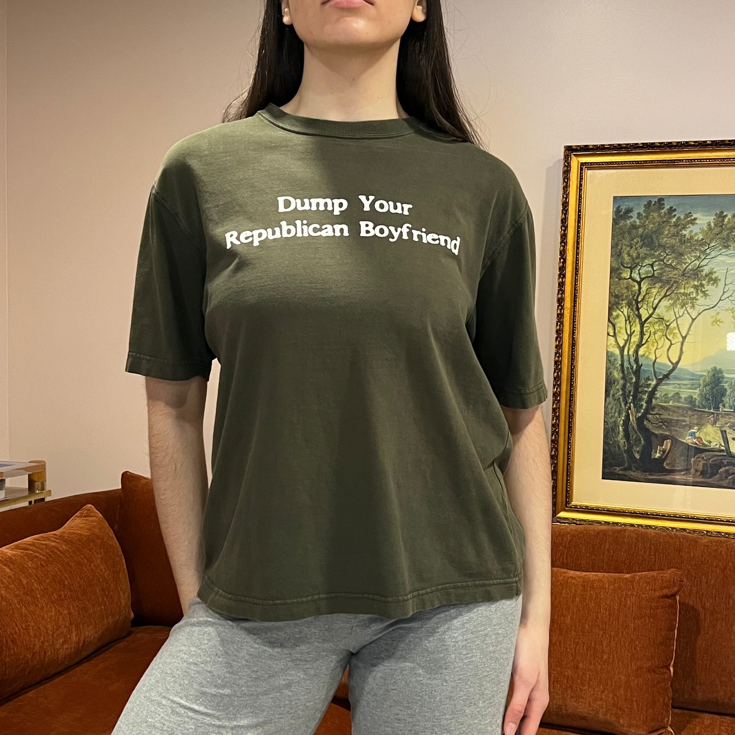 DUMP YOUR REPUBLICAN BOYFRIEND green t-shirt with white text (M)