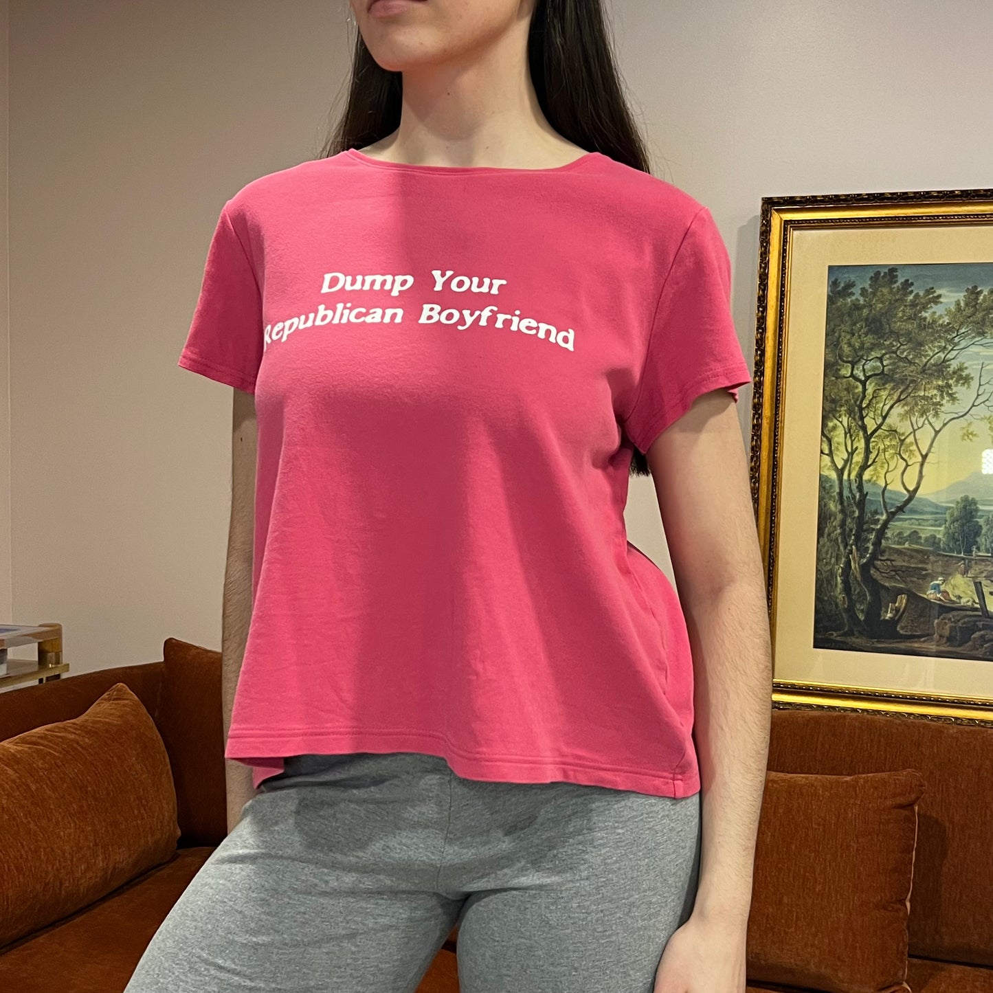 DUMP YOUR REPUBLICAN BOYFRIEND pink t-shirt with white text (XL)