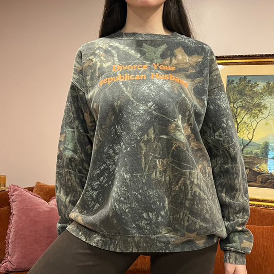 DIVORCE YOUR REPUBLICAN HUSBAND camo crewneck with orange text (XL)
