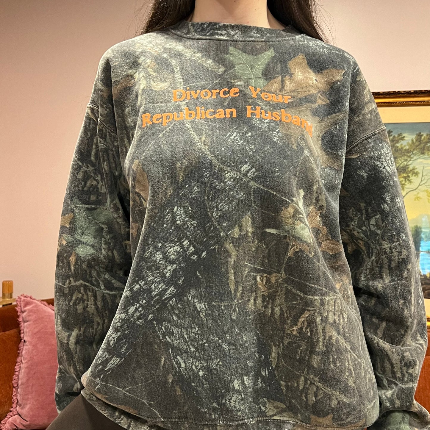 DIVORCE YOUR REPUBLICAN HUSBAND camo crewneck with orange text (XL)
