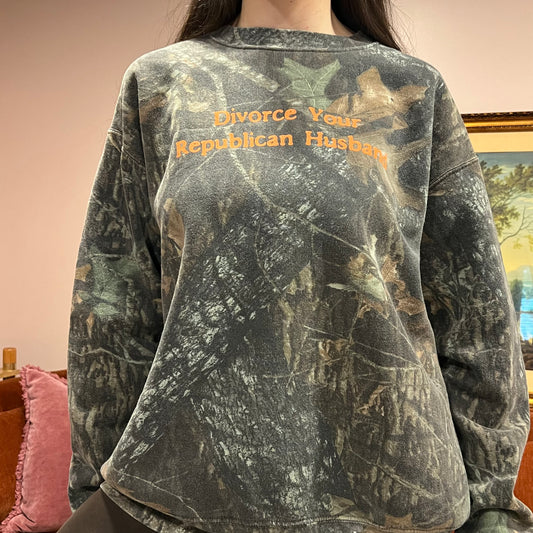 DIVORCE YOUR REPUBLICAN HUSBAND camo crewneck with orange text (XL)