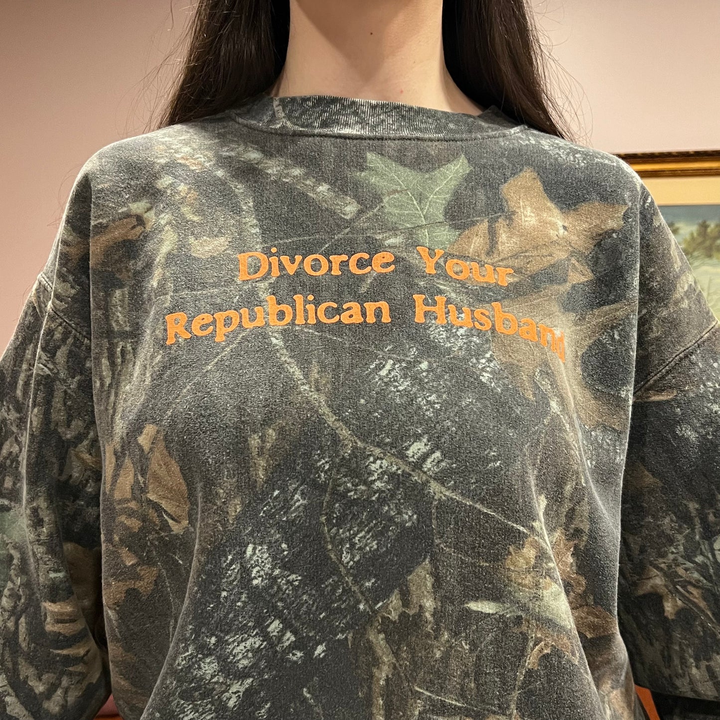 DIVORCE YOUR REPUBLICAN HUSBAND camo crewneck with orange text (XL)