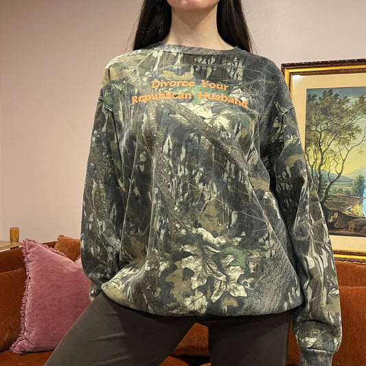 DIVORCE YOUR REPUBLICAN HUSBAND camo crewneck with orange text (XL)