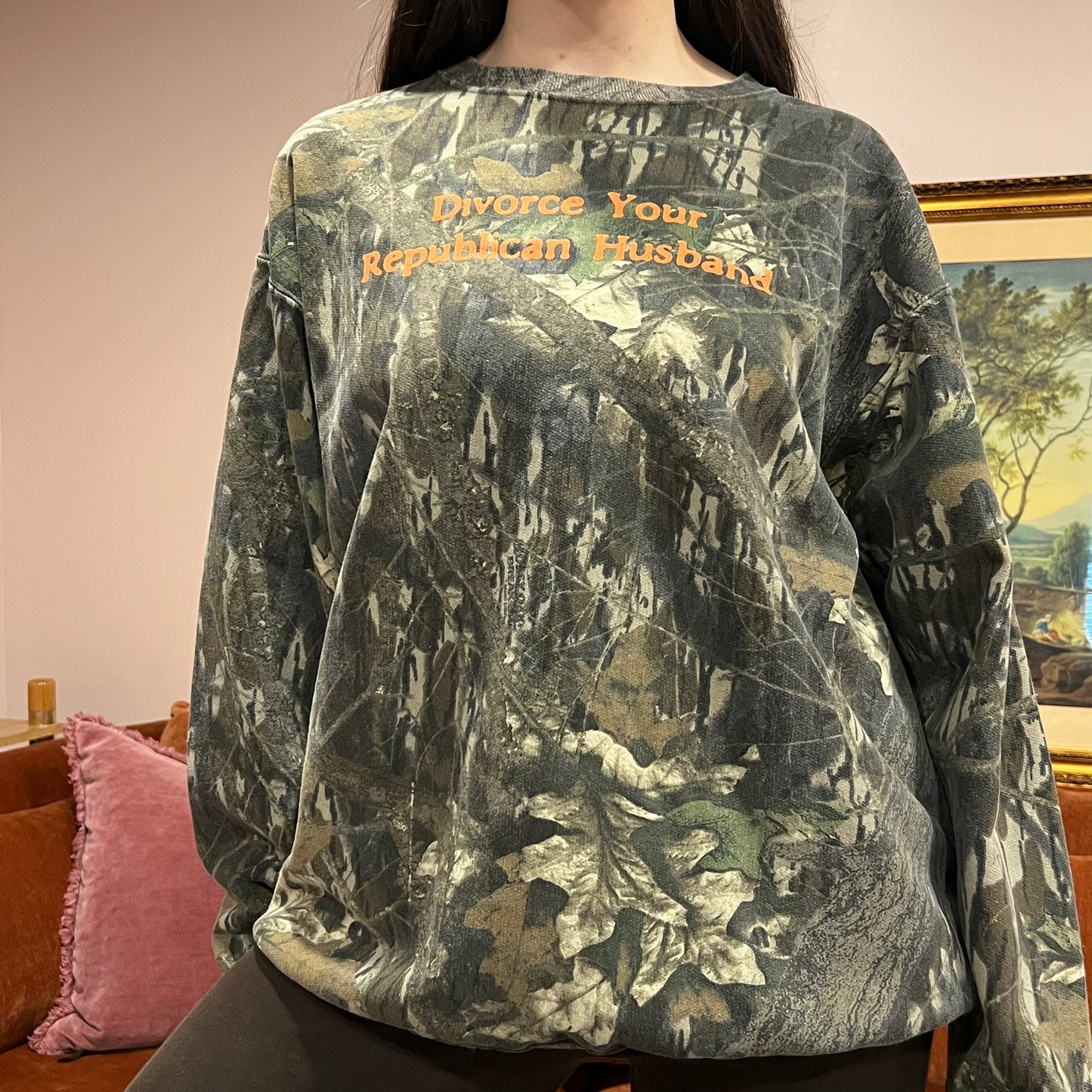 DIVORCE YOUR REPUBLICAN HUSBAND camo crewneck with orange text (XL)