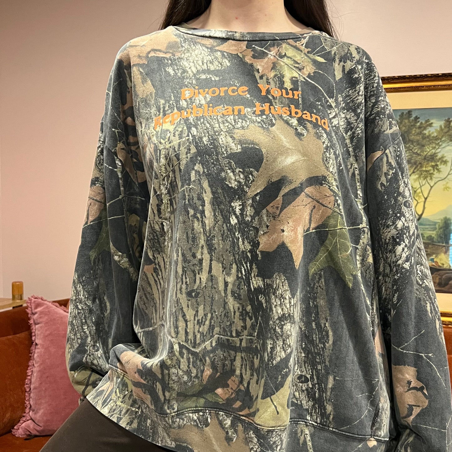 DIVORCE YOUR REPUBLICAN HUSBAND camo crewneck with orange text (2XL)