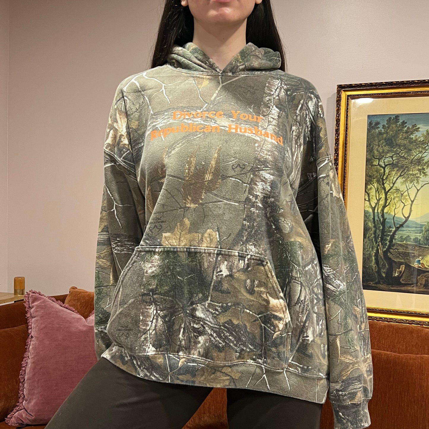 DIVORCE YOUR REPUBLICAN HUSBAND camo hoodie with orange text (XL)