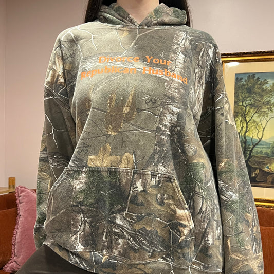 DIVORCE YOUR REPUBLICAN HUSBAND camo hoodie with orange text (XL)