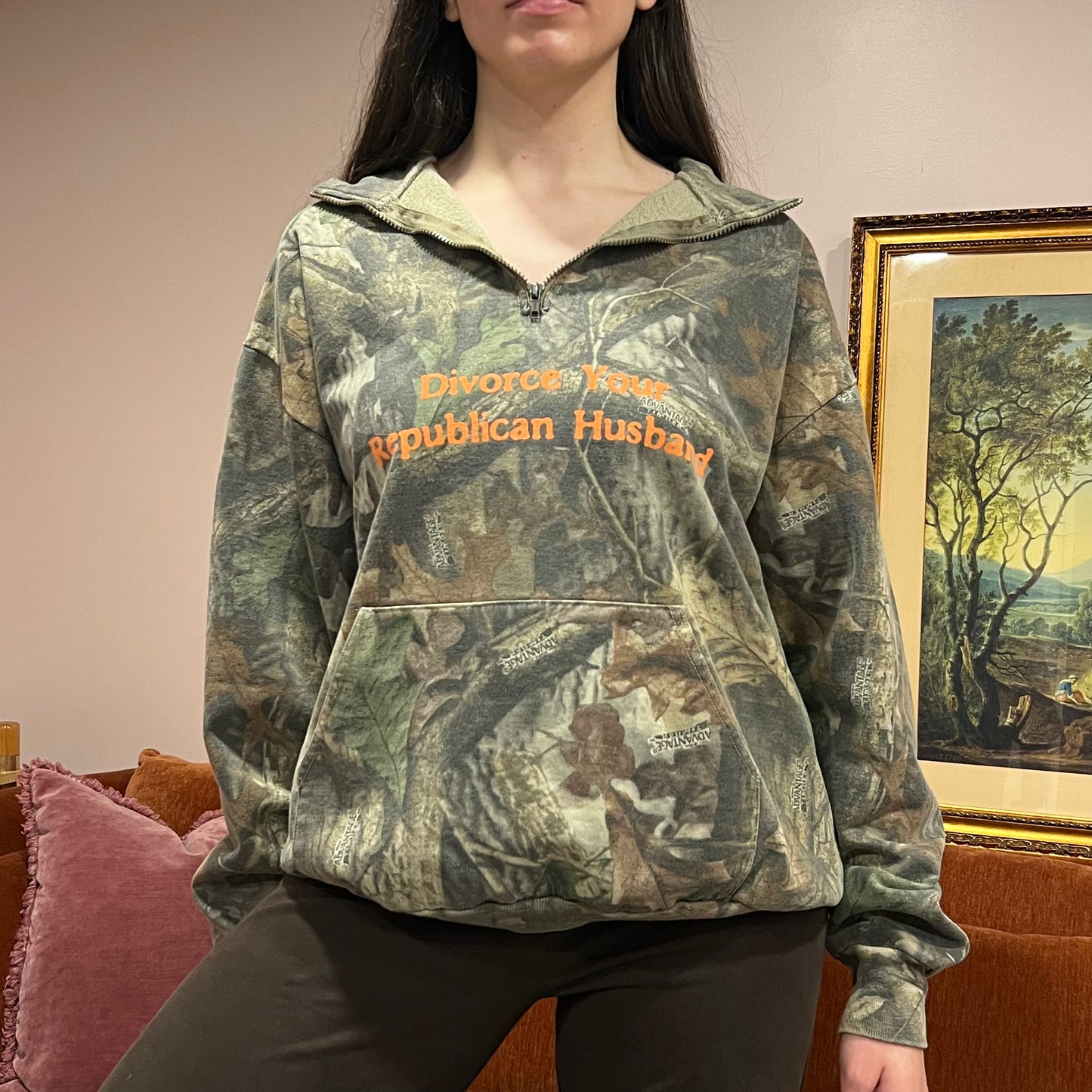 DIVORCE YOUR REPUBLICAN HUSBAND camo zip-up with orange text (XL)
