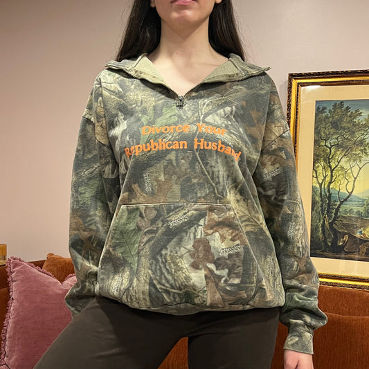 DIVORCE YOUR REPUBLICAN HUSBAND camo zip-up with orange text (XL)