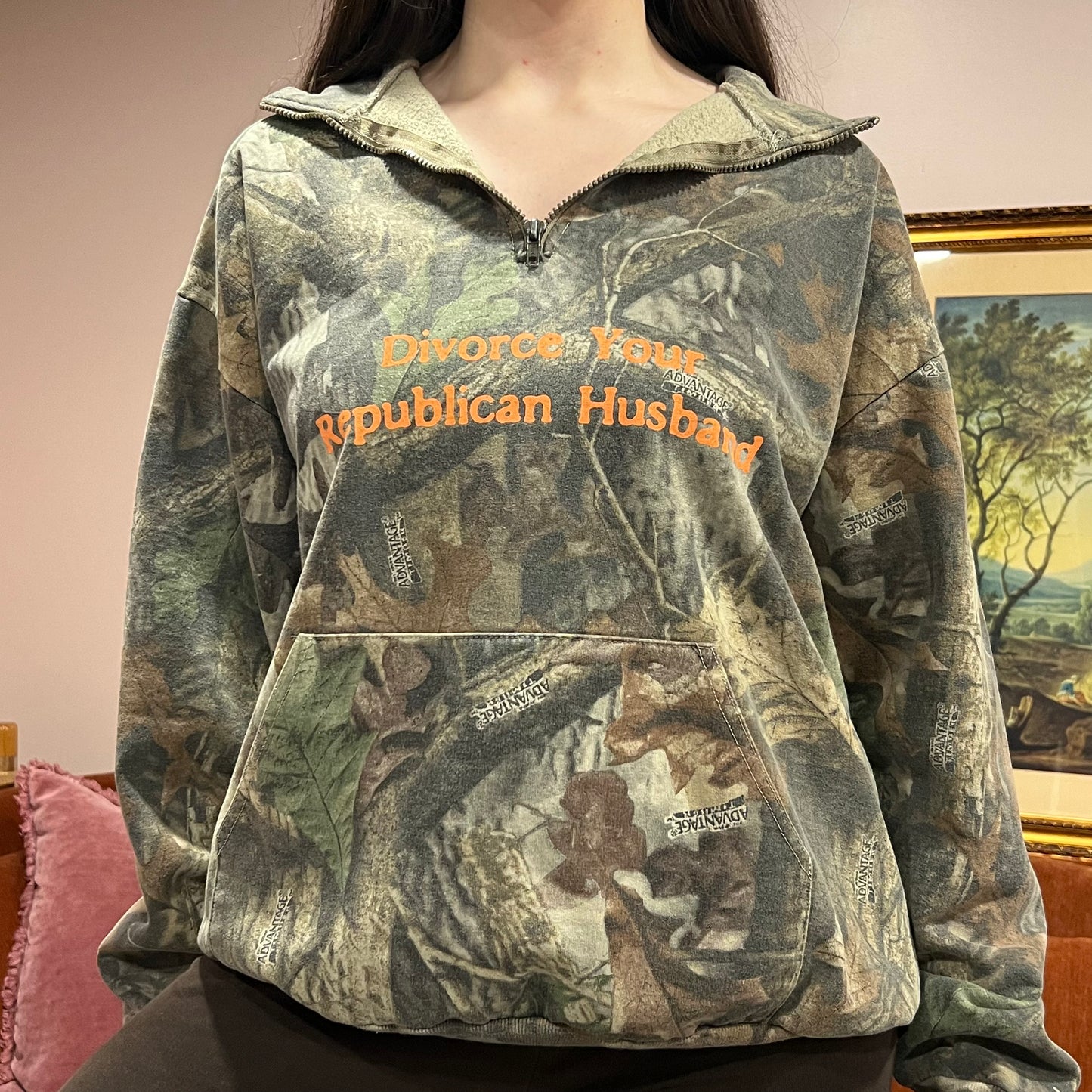 DIVORCE YOUR REPUBLICAN HUSBAND camo zip-up with orange text (XL)