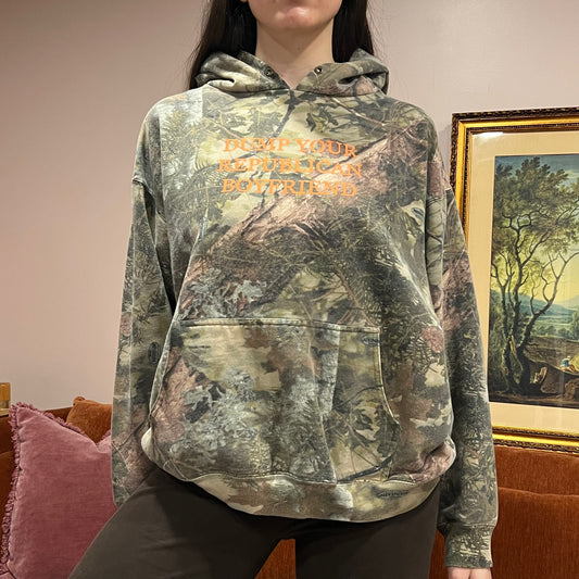 DUMP YOUR REPUBLICAN BOYFRIEND camo hoodie with orange text (XL)