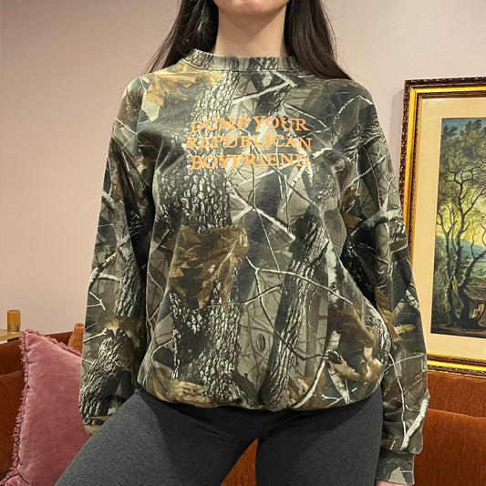 DUMP YOUR REPUBLICAN BOYFRIEND camo crewneck with orange text (M)