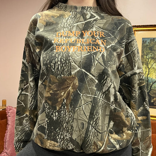 DUMP YOUR REPUBLICAN BOYFRIEND camo crewneck with orange text (M)