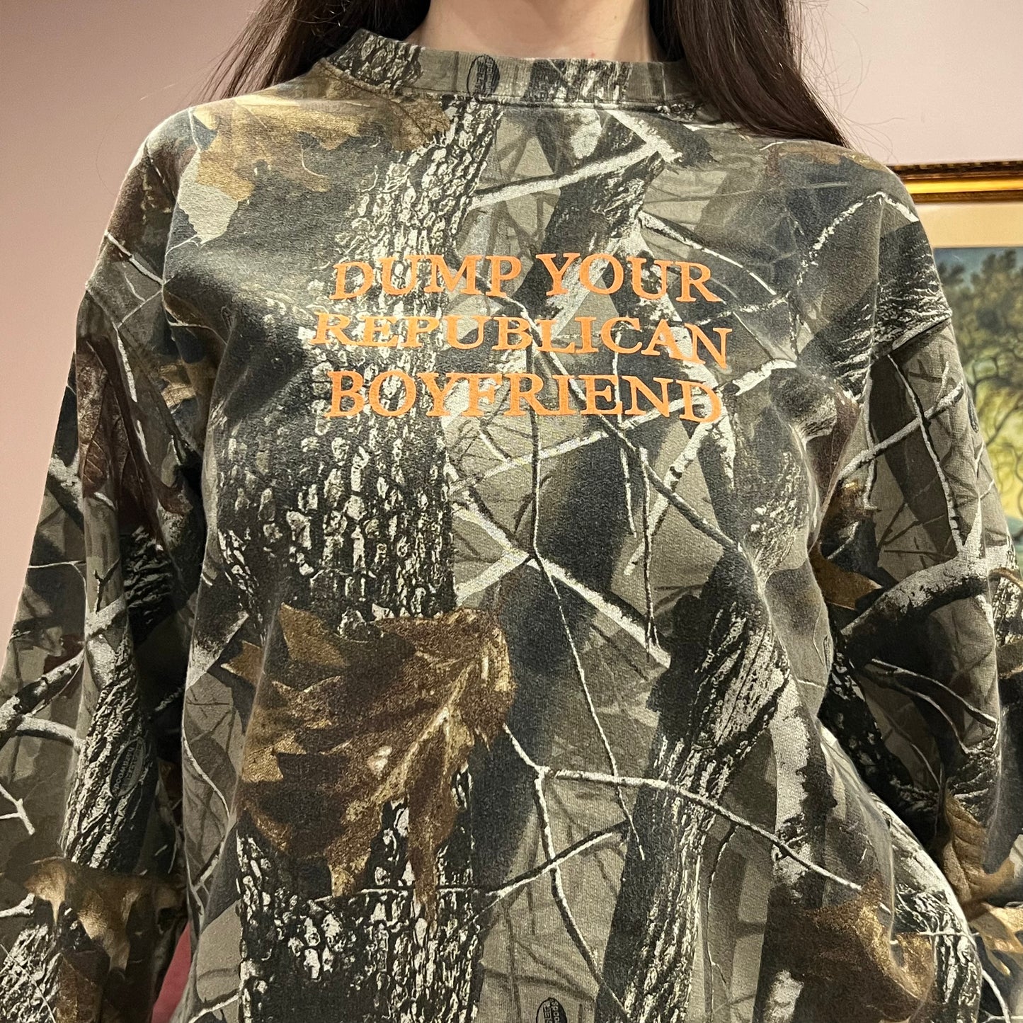 DUMP YOUR REPUBLICAN BOYFRIEND camo crewneck with orange text (M)