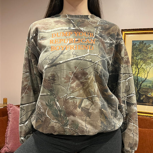 DUMP YOUR REPUBLICAN BOYFRIEND camo crewneck with orange text (M)