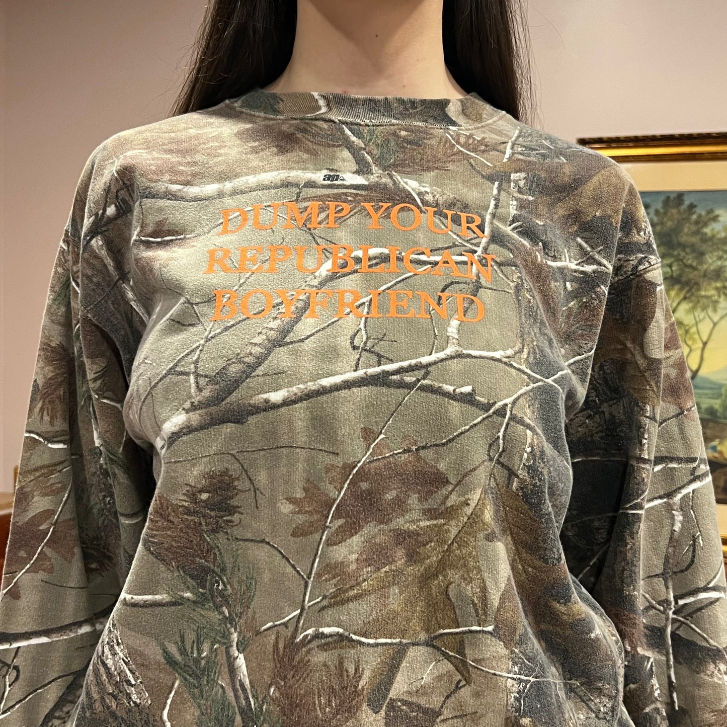 DUMP YOUR REPUBLICAN BOYFRIEND camo crewneck with orange text (M)