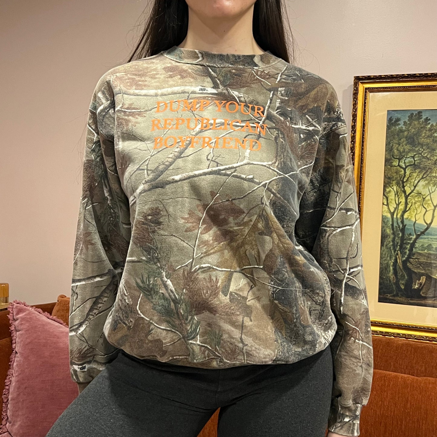 DUMP YOUR REPUBLICAN BOYFRIEND camo crewneck with orange text (M)