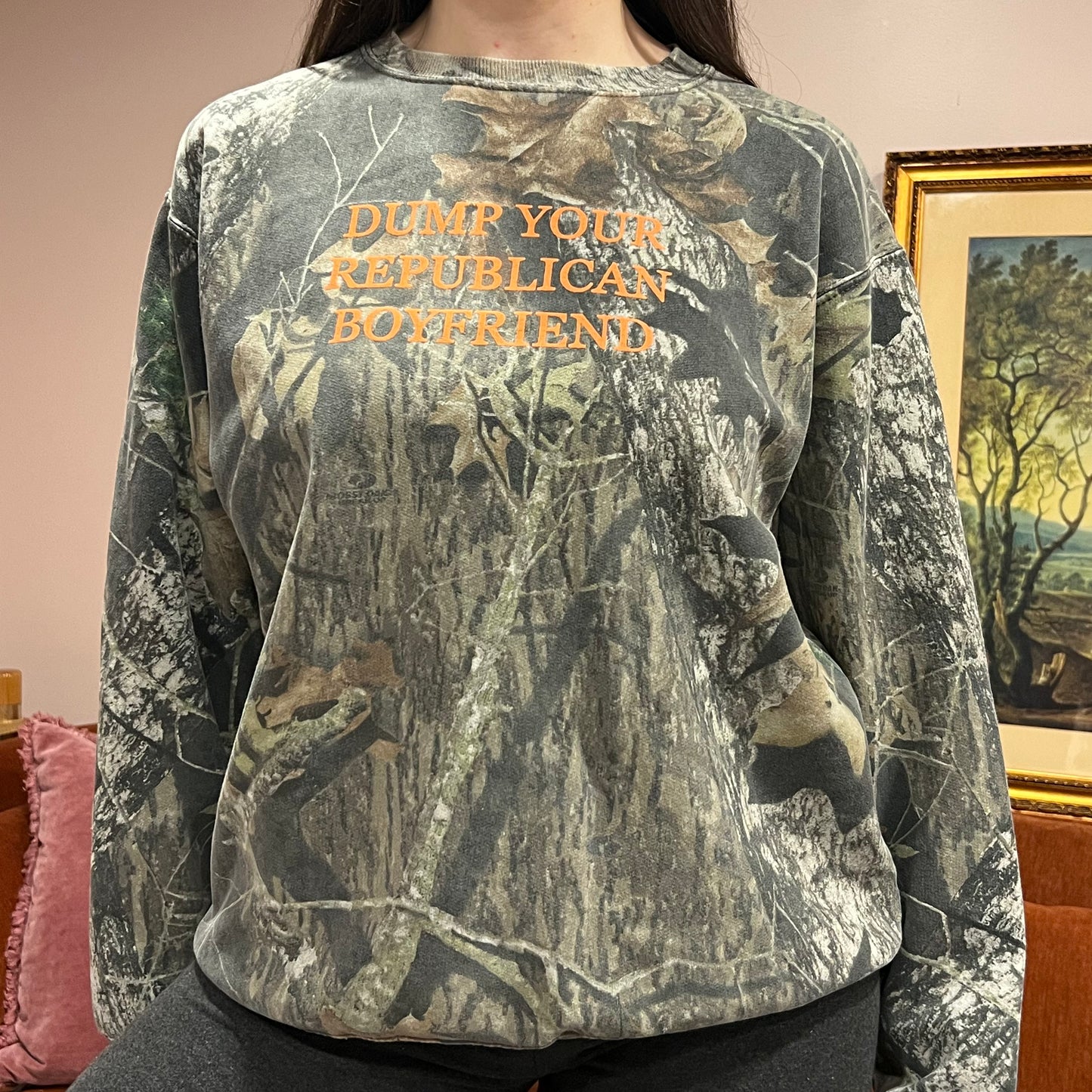 DUMP YOUR REPUBLICAN BOYFRIEND camo crewneck with orange text (L)