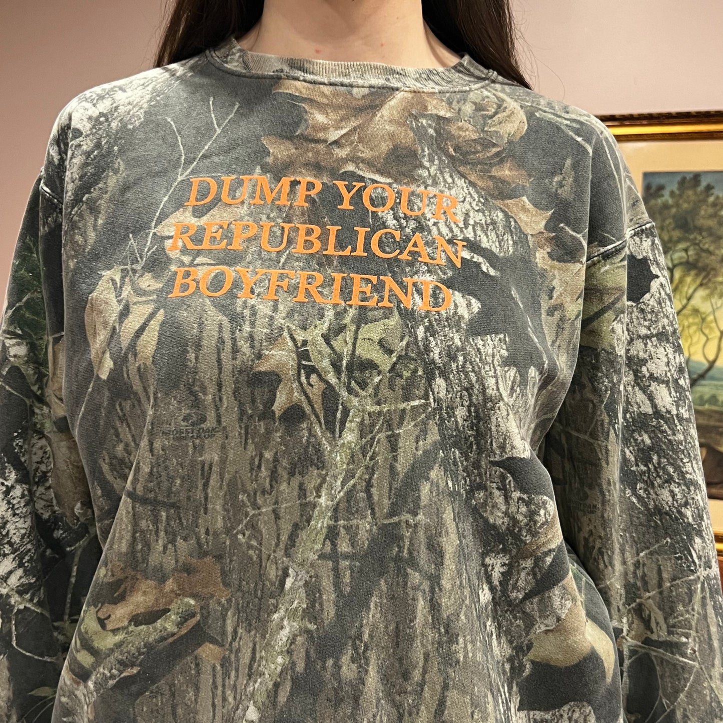 DUMP YOUR REPUBLICAN BOYFRIEND camo crewneck with orange text (L)
