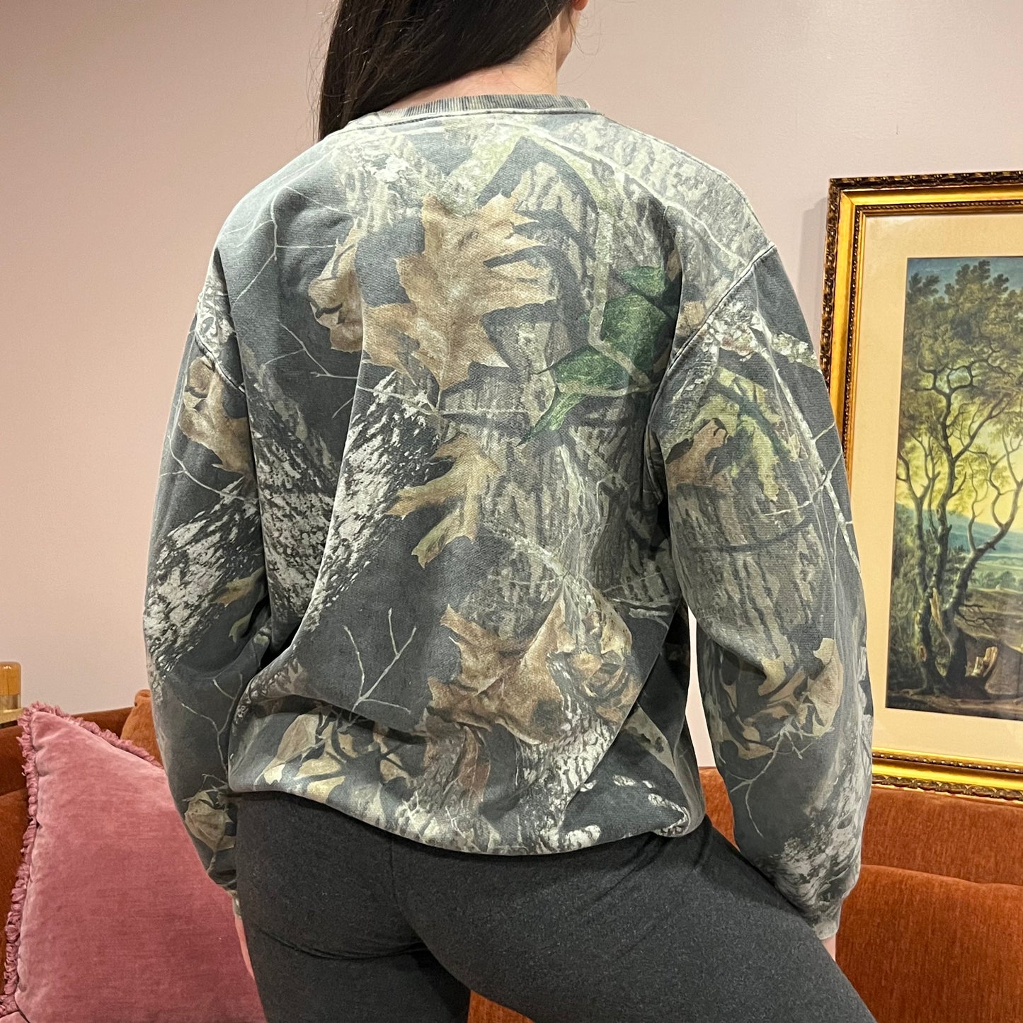 DUMP YOUR REPUBLICAN BOYFRIEND camo crewneck with orange text (L)