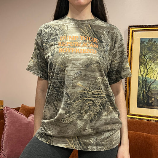 DUMP YOUR REPUBLICAN BOYFRIEND camo t-shirt with orange text (XL)