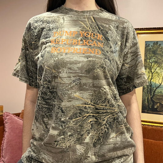 DUMP YOUR REPUBLICAN BOYFRIEND camo t-shirt with orange text (XL)