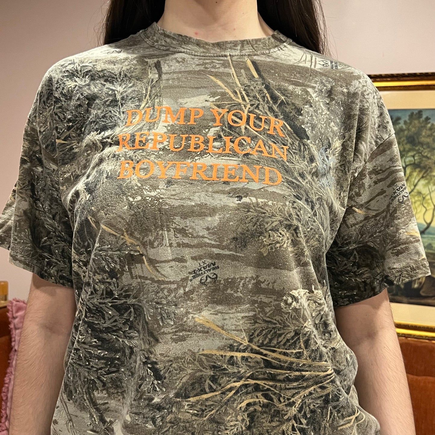DUMP YOUR REPUBLICAN BOYFRIEND camo t-shirt with orange text (XL)