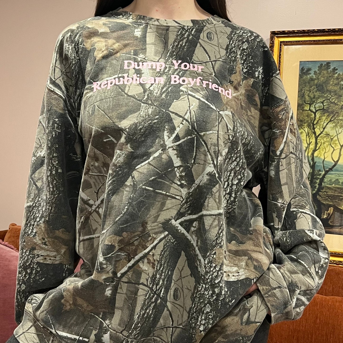 DUMP YOUR REPUBLICAN BOYFRIEND camo crewneck with pink text (3XL)