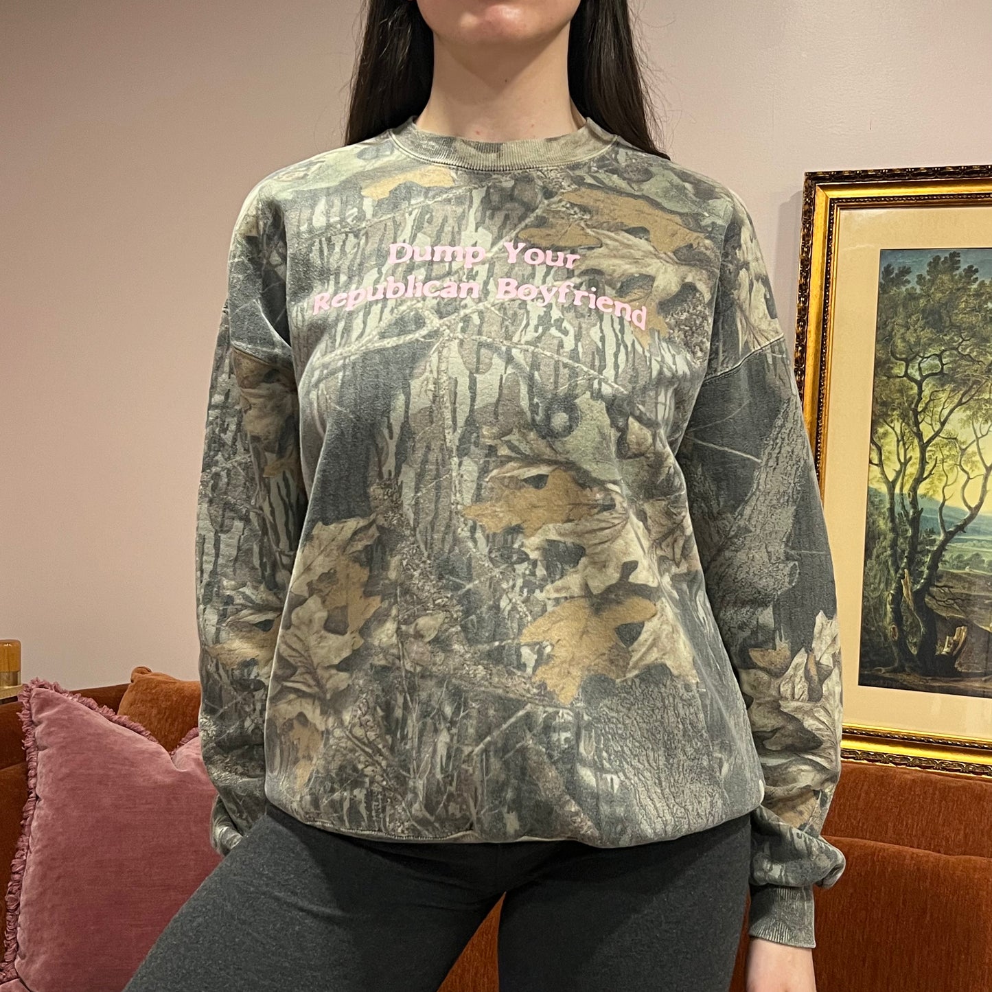 DUMP YOUR REPUBLICAN BOYFRIEND camo crewneck with pink text (XL)